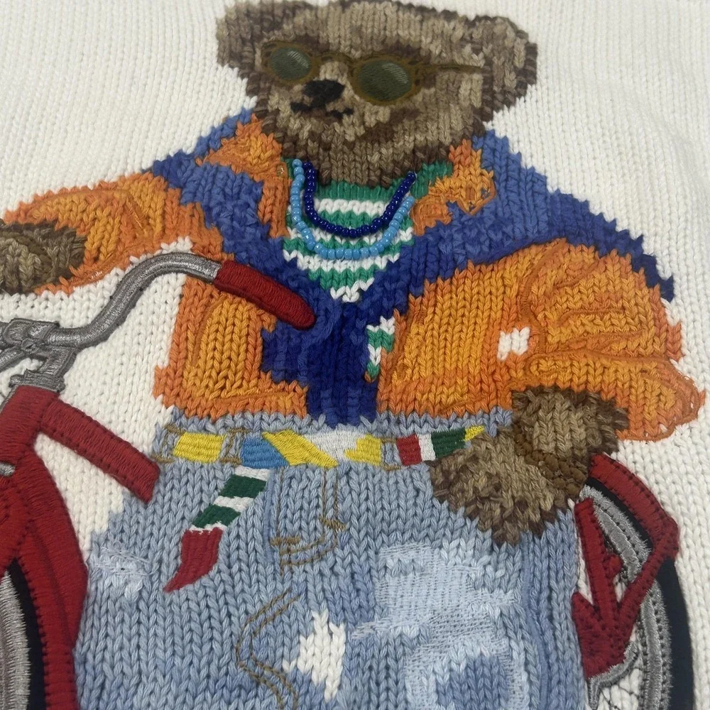Polo Ralph Lauren Sweater Mens XL White Bear Bicycle Pullover Knit Cotton *SPOT*